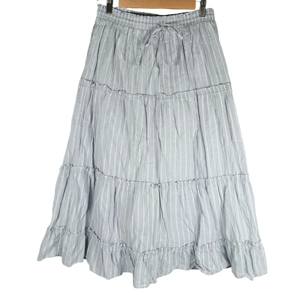 Madewell Blue Striped Pull-On Ruffle Tiered Cotton Maxi Skirt Women’s Size Small - Picture 2 of 8